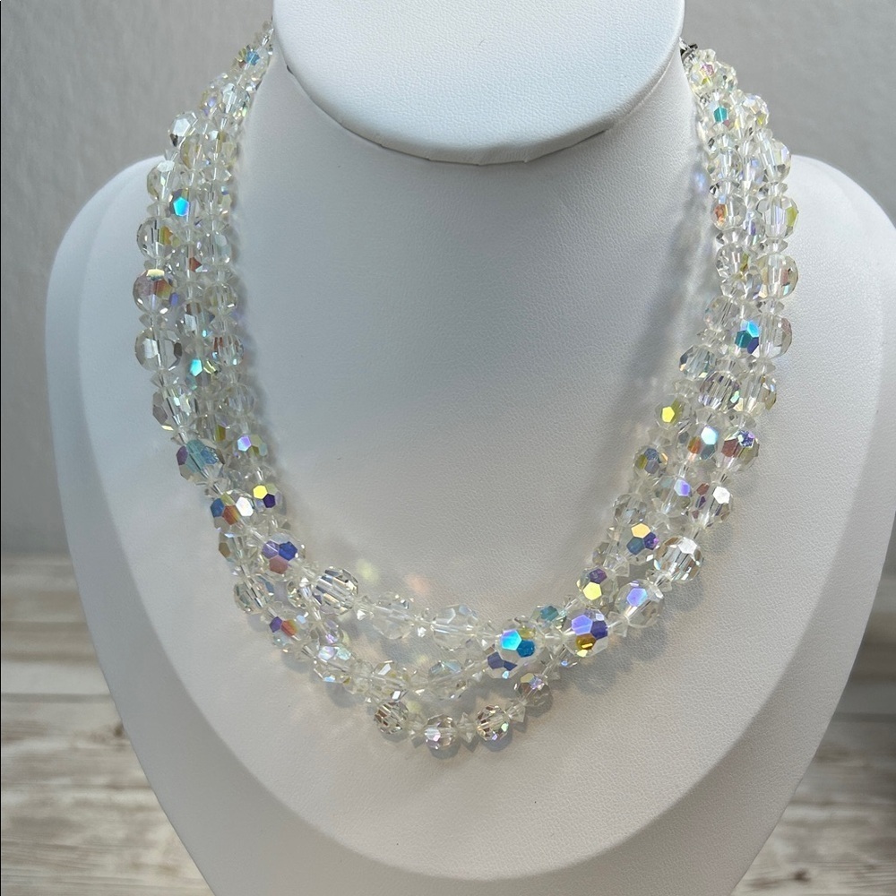 Vintage Triple Strand Crystal AB Beaded Necklace